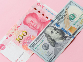 US dollar bill and China yuan banknote macro, Chinese and USA economy finance trade business, money closeup, forex concept. 