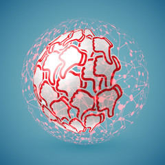 Blue realistic shaded 'thumbs up' globe with connections, vector illustration