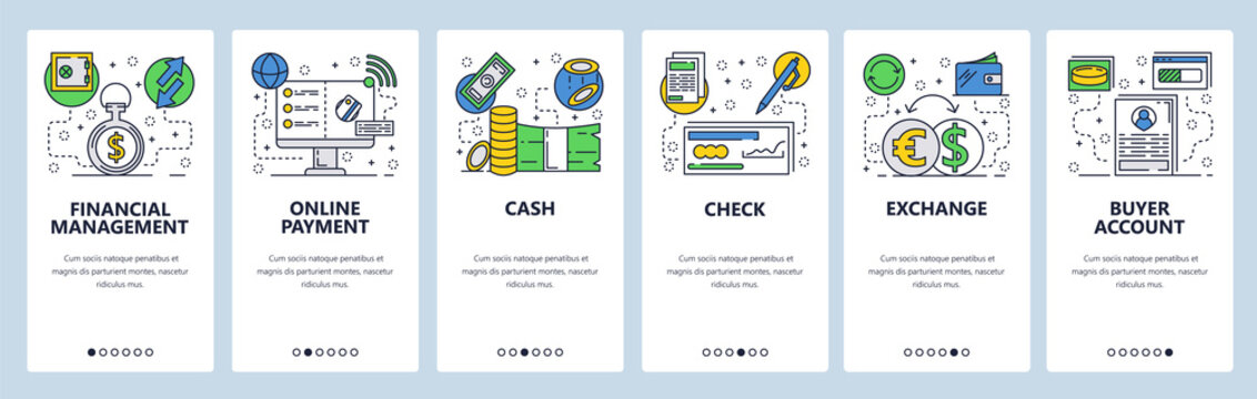 Web site onboarding screens. Online payments, financial management and banking. Menu vector banner template for website and mobile app development. Modern design flat illustration.