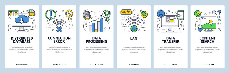 Web site onboarding screens. Online services, distributed database, cloud storage, wireless networks and data transfer. Menu vector template for website and mobile app development. illustration. - obrazy, fototapety, plakaty