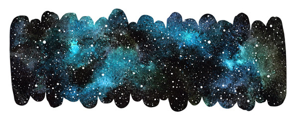 Cosmic, starry space watercolor background. Emerald, black watercolour galaxy or night sky with stars texture. Elongated brush stroke shape, rounded edge. Hand drawn banner, frame, border template