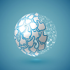 Blue realistic shaded 'thumbs up' globe with connections, vector illustration