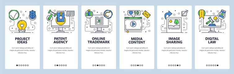 Web site onboarding screens. Internet services, copyright, media content and photo sharing. Menu vector banner template for website and mobile app development. Modern design flat illustration.