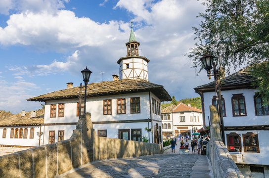 Old houses and clock tower in the town of Tryavna