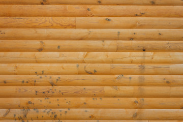 The texture of a wooden wall is made of round logs. Wooden background. Close up. Top view. Background