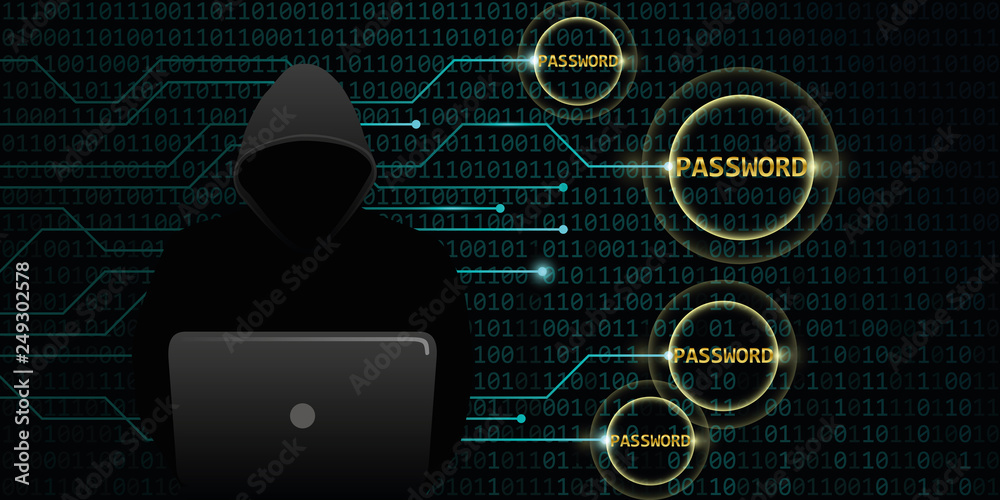 Poster hacker steals digital passwords binary code background vector illustration eps10