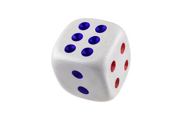 White dice closeup isolated on white background without shadow. Six, four, two.