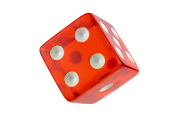Red glass dice closeup isolated on white without shadow. Four, one, five.