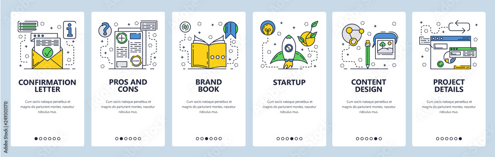 Wall mural web site onboarding screens. new project launch, pros and cons. menu vector banner template for webs