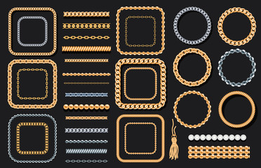 Set of gold and silver chains, ropes, beads on black. Jewelry luxury decorative elements. Seamless brushes for design.