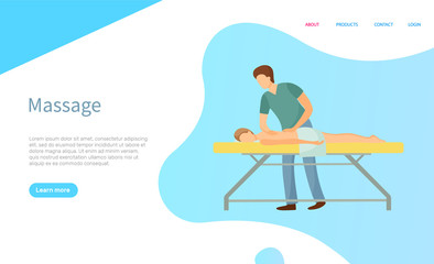 Massage service online page vector, professional masseur in uniform and client in towel on procedure table. Body care and treatment, relax and healthcare
