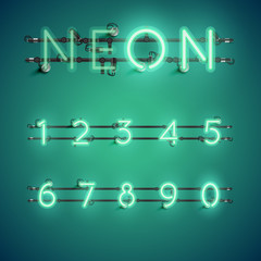 Yellow realistic neon character set with wires and console, vector illustration