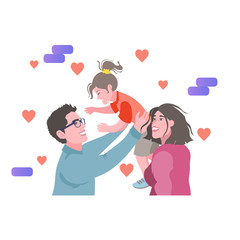 Father, mother, and daughter. Parents are keeping on the hands of their children. Vector illustration of a flat design
