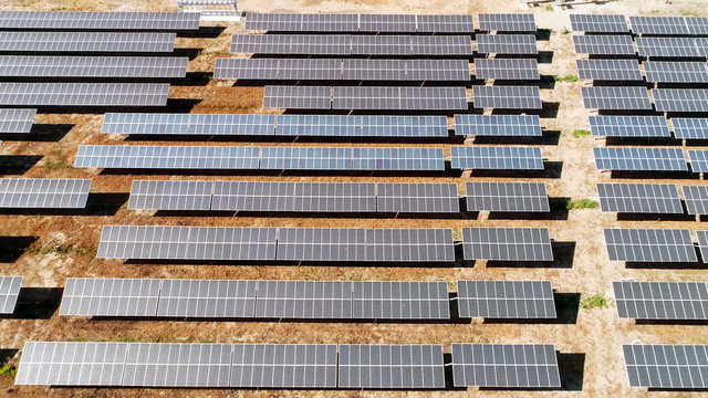 aerial view of a Solar Energy farm, Solar panels field
