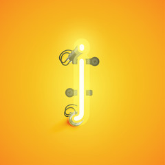 Yellow realistic neon character with wires and console from a fontset, vector illustration