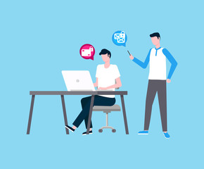 Fototapeta premium Freelancer man working in team with colleague vector. People thinking on project, security of transactions, coders by laptop with locked messages icon