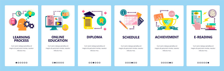 Web site onboarding screens. Online education and internet courses. Menu vector banner template for website and mobile app development. Modern design flat illustration.