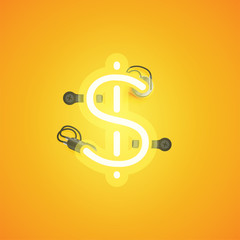 Yellow realistic neon character with wires and console from a fontset, vector illustration