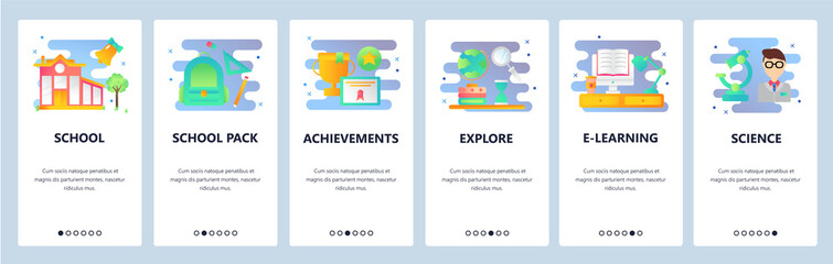 Web site onboarding screens. School education, science and e-learning. Menu vector banner template for website and mobile app development. Modern design flat illustration.
