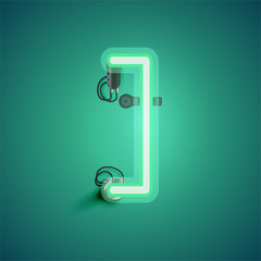 Green realistic neon character with wires and console from a fontset, vector illustration