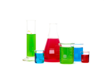 laboratory glassware filled with colorful liquid. Isolated on white.