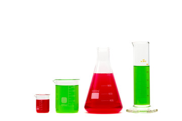 laboratory glassware filled with colorful liquid. Isolated on white.