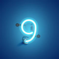 Blue realistic neon character with wires and console from a fontset, vector illustration