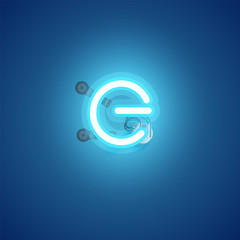 Blue realistic neon character with wires and console from a fontset, vector illustration