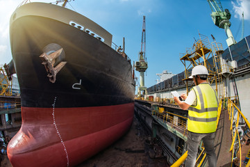 Stevedore, port controller, Port Master, surveyor inspect the bulk head of commercial cargo ship in...