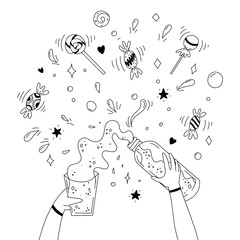 Someone is pouring some liquid from bottle to a glass. Sweets and lollipops. Black and white illustration for coloring book. Vector outline illustration.