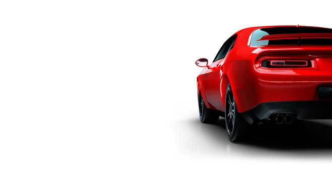 Rear left angle view of a generic red brandless American muscle car isolated on a white background . Transportation concept . 3d illustration and 3d render.