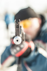 Direct macro detail close-up front view gun point of riffle