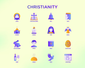 Christianity gradient flat icons set of priest, oath, church, nun, crucifixion, Jesus, bible, dove, Easter egg, wine. Vector illustration.