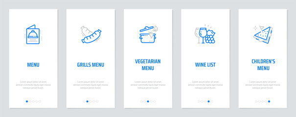 Menu, Grills Menu, Vegetarian Menu, Wine list, Children's menu Vertical Cards with strong metaphors.