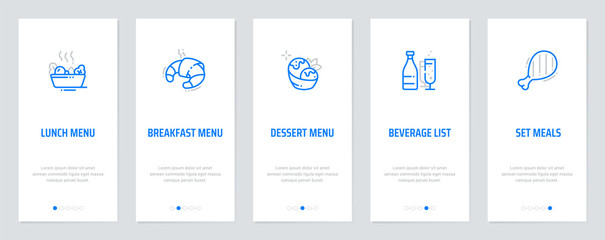 Lunch Menu, Breakfast menu, Dessert menu, Beverage list, Set meals Vertical Cards with strong metaphors.