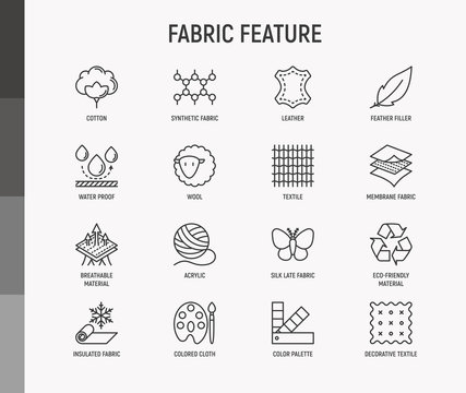 Fabric feature thin line icons set: leather, textile, cotton, wool, waterproof, acrylic, silk, eco-friendly material, breathable material. Modern vector illustration.