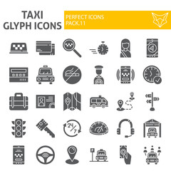 Taxi glyph icon set, car symbols collection, vector sketches, logo illustrations, cab signs solid pictograms package isolated on white background.