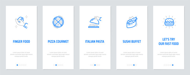Finger food, Pizza courmet, Italian Pasta , Sushi buffet, Let’s try our fast food Vertical Cards with strong metaphors.