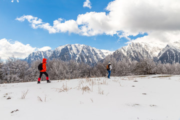 Two unrecognizable women hiking on a snowy ridge, with several white mountain peaks in the background, during Winter - Bucegi (Carpathian) mountains, Romania