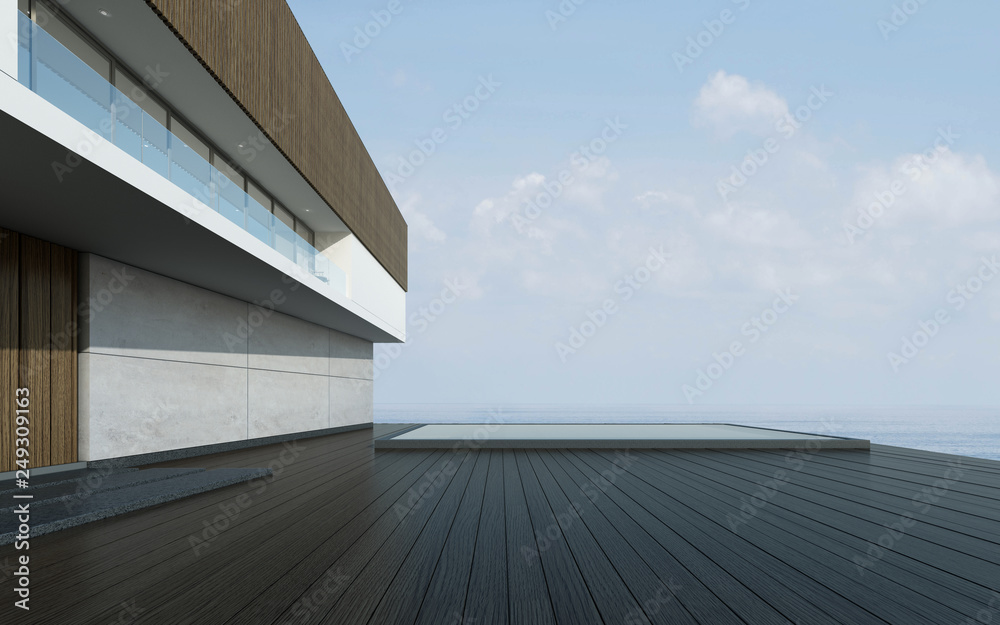 Poster perspective of modern building with terrace and swimming pool on sea view background,idea of family 
