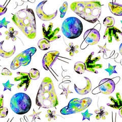 watercolor space pattern with an astronaut, rocket, satellite, planets and stars
