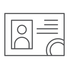Driver license thin line icon, documents and card, identification sign, vector graphics, a linear pattern on a white background.