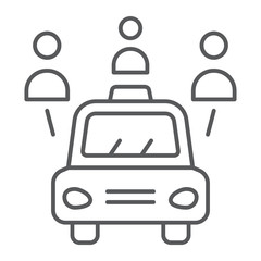 Car sharing thin line icon, auto and people, automobile sign, vector graphics, a linear pattern on a white background.