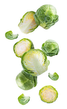 Brussels cabbage falling down. Isolated on white background