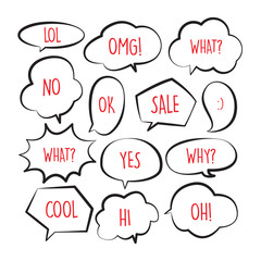 Various stickers of black line speech bubbles vector set with red text - stock vector