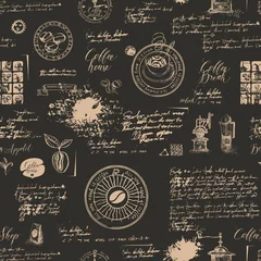 Foto op Plexiglas Koffie Vector naadloos patroon op het koffiethema met verschillende koffiesymbolen, vlekken en inscripties op een achtergrond van oud manuscript in retrostijl. Kan worden gebruikt als behang of inpakpapier