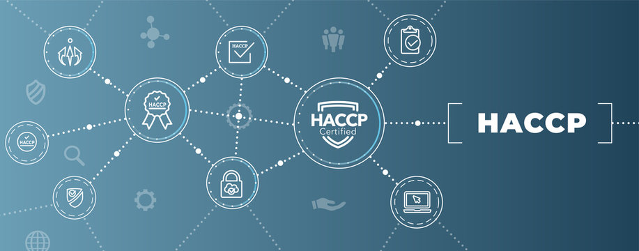HACCP - Hazard Analysis Critical Control Points icon set and web header banner with award or checkmark