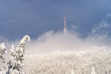 Telecommunication tower on the barren hill covered with low clouds, Praded, Czech Republic.