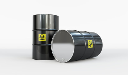 3D render of a couple of steel barrels with radioactive or hazardous material