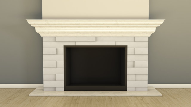 3D Render Of A Fireplace With A Marble Base And Mantle